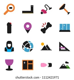 solid vector ixon set - scraper vector, vacuum cleaner, window cleaning, agent, shining, woman, corner ruler, glass, cargo search, broken bone, connection, pin, mountain