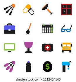 solid vector ixon set - scraper vector, broom, shining window, glasses, case, school bus, dollar shield, pills, water bottle, calendar, shuttlecock, first aid kit, glass, monitor, supply