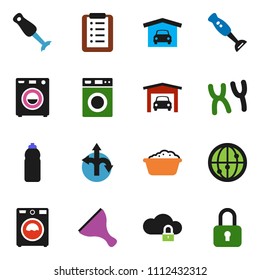 solid vector ixon set - scraper vector, washer, foam basin, blender, water bottle, route, internet, chromosomes, cloud lock, garage, shopping list