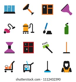 solid vector ixon set - scraper vector, cleaner trolley, vacuum, mop, car fetlock, window cleaning, toilet brush, agent, shining, woman