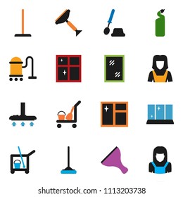 solid vector ixon set - scraper vector, cleaner trolley, vacuum, mop, window cleaning, toilet brush, agent, shining, woman