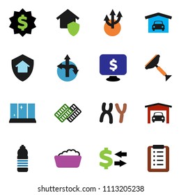 solid vector ixon set - scraper vector, foam basin, shining window, exchange, dollar medal, monitor, water bottle, route, pills blister, chromosomes, arrow, garage, home protect, shopping list