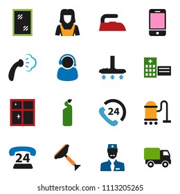 solid vector ixon set - scraper vector, vacuum cleaner, window cleaning, iron, steaming, agent, shining, woman, phone 24, mobile, hospital building, doctor, support, delivery