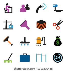 solid vector ixon set - scraper vector, vacuum cleaner, rake, steaming, student, money bag, case, horizontal bar, big scales, group, scissors, data, construction crane, 24 hour