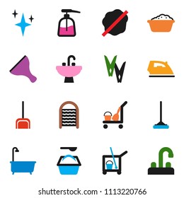 solid vector ixon set - scraper vector, cleaner trolley, mop, scoop, clothespin, shining, splotch, iron, bath, foam basin, washing powder, liquid soap, washboard, sink, water tap