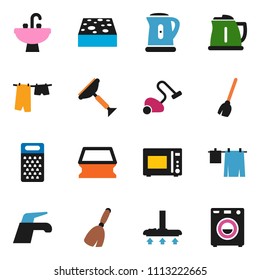 solid vector ixon set - scraper vector, broom, water tap, vacuum cleaner, sponge, drying clothes, sink, kettle, grater, microwave oven, washer