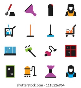 solid vector ixon set - scraper vector, cleaner trolley, vacuum, mop, car fetlock, window cleaning, toilet brush, agent, shining, woman