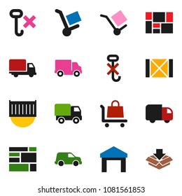 solid vector ixon set - sea container vector, delivery, car, wood box, consolidated cargo, no hook, warehouse, trolley, package