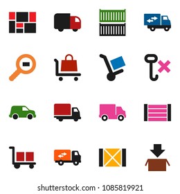 solid vector ixon set - sea container vector, delivery, car, wood box, consolidated cargo, no hook, search, relocation truck, trolley, package