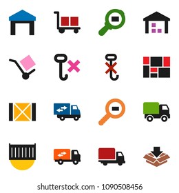 solid vector ixon set - sea container vector, delivery, wood box, consolidated cargo, no hook, warehouse, search, relocation truck, package