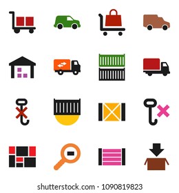 solid vector ixon set - sea container vector, delivery, car, wood box, consolidated cargo, no hook, warehouse, search, relocation truck, trolley, package