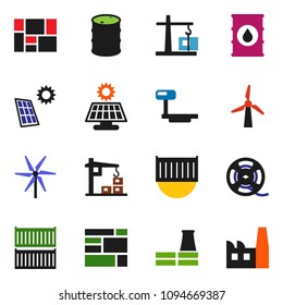 solid vector ixon set - sea container vector, consolidated cargo, oil barrel, big scales, film spool, solar panel, windmill, construction crane, factory