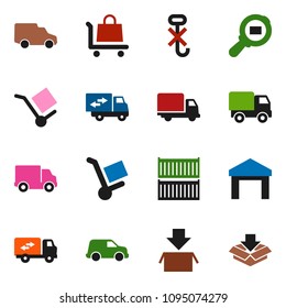 solid vector ixon set - sea container vector, delivery, car, cargo, no hook, warehouse, search, relocation truck, trolley, package