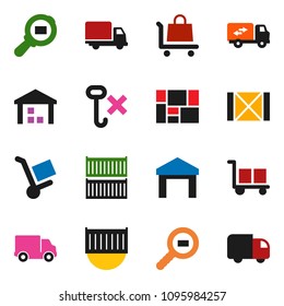 solid vector ixon set - sea container vector, delivery, wood box, consolidated cargo, no hook, warehouse, search, relocation truck, trolley