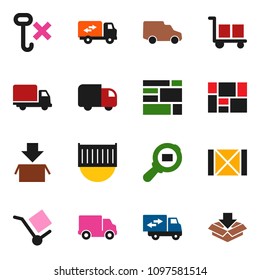 solid vector ixon set - sea container vector, delivery, car, wood box, consolidated cargo, no hook, search, relocation truck, package