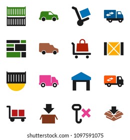 solid vector ixon set - sea container vector, delivery, car, wood box, consolidated cargo, no hook, warehouse, relocation truck, trolley, package
