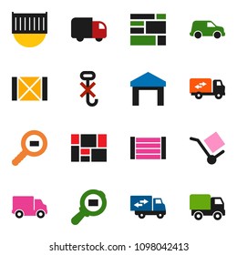 solid vector ixon set - sea container vector, delivery, car, wood box, consolidated cargo, no hook, warehouse, search, relocation truck