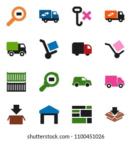 solid vector ixon set - sea container vector, delivery, car, consolidated cargo, no hook, warehouse, search, relocation truck, trolley, package