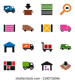 solid vector ixon set - sea container vector, delivery, car, wood box, consolidated cargo, warehouse, search, relocation truck, package