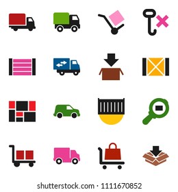 solid vector ixon set - sea container vector, delivery, car, wood box, consolidated cargo, no hook, search, relocation truck, trolley, package