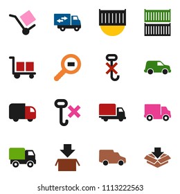 solid vector ixon set - sea container vector, delivery, car, cargo, no hook, search, relocation truck, package