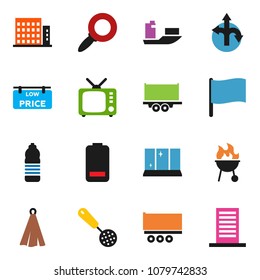 solid vector ixon set - shining window vector, towel, skimmer, bbq, flag, magnifier, water bottle, route, ship, truck trailer, tv, battery, low price signboard, apartments, building