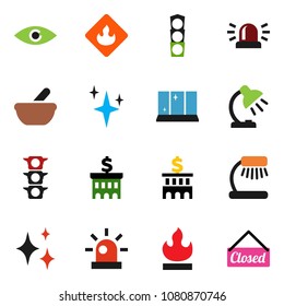 solid vector ixon set - shining vector, window, table lamp, bank building, traffic light, flammable, eye, mortar, siren, closed