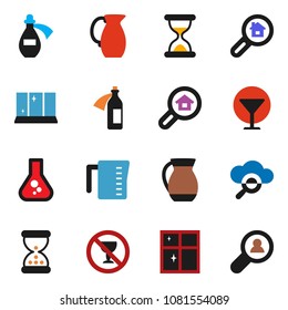 solid vector ixon set - shining window vector, measuring cup, jug, flask, no alcohol sign, glass, sand clock, potion, cloud, search estate, client
