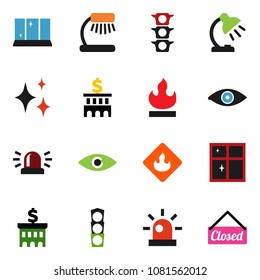 solid vector ixon set - shining vector, window, table lamp, bank building, traffic light, flammable, eye, siren, closed