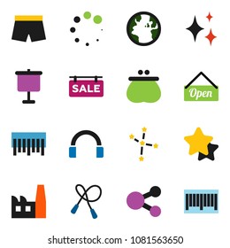 solid vector ixon set - shining vector, presentation, constellation, jump rope, shorts, earth, barcode, headphones, share, loading, sale signboard, factory, wallet, star, open