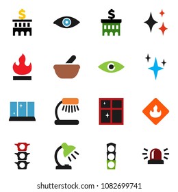 solid vector ixon set - shining vector, window, table lamp, bank building, traffic light, flammable, eye, mortar, siren