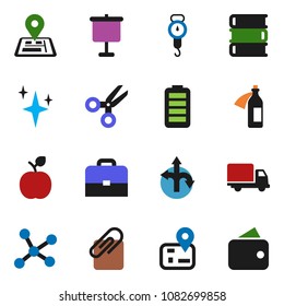 solid vector ixon set - shining vector, scales, book, case, apple fruit, scissors, presentation, route, navigator, delivery, battery, potion, network, attachment, wallet
