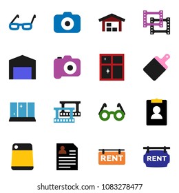 solid vector ixon set - shining window vector, cutting board, glasses, personal information, film frame, camera, barn, rent signboard