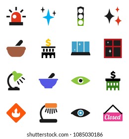 solid vector ixon set - shining vector, window, table lamp, bank building, traffic light, flammable, eye, mortar, siren, closed