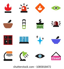 solid vector ixon set - shining vector, window, table lamp, bank building, traffic light, flammable, eye, mortar, siren, closed