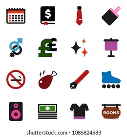 solid vector ixon set - shining vector, cutting board, chicken leg, pen, presentation, cash, annual report, tie, pound, t shirt, roller Skates, calendar, no smoking, speaker, gender sign