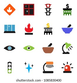 solid vector ixon set - shining vector, window, table lamp, bank building, traffic light, flammable, eye, mortar, siren