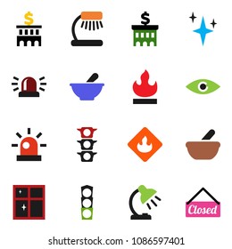 solid vector ixon set - shining vector, window, table lamp, bank building, traffic light, flammable, eye, mortar, siren, closed