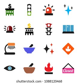 solid vector ixon set - shining vector, window, table lamp, bank building, traffic light, flammable, eye, mortar, siren, closed