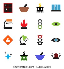 solid vector ixon set - shining vector, window, table lamp, bank building, traffic light, flammable, eye, mortar, siren
