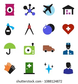 solid vector ixon set - shining vector, rubber glove, drawing compass, molecule, fitball, heart cross, plane, car, umbrella, warehouse, oil barrel, radio, potion, medical room, doctor, support