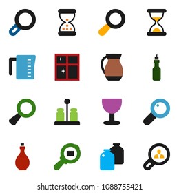 solid vector ixon set - shining window vector, oil, measuring cup, spices, jug, jar, glass, cargo search, magnifier, sand clock, client