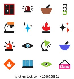 solid vector ixon set - shining vector, window, table lamp, traffic light, flammable, eye, mortar, siren, closed