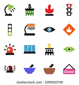 solid vector ixon set - shining window vector, table lamp, bank building, traffic light, flammable, eye, mortar, siren, closed