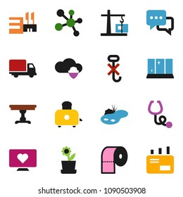 solid vector ixon set - shining window vector, toilet paper, toaster, molecule, heart monitor, delivery, no hook, dialog, stethoscope, cloud shield, pond, table, flower in pot, construction crane