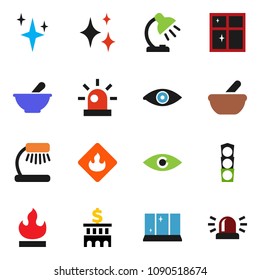 solid vector ixon set - shining vector, window, table lamp, bank building, traffic light, flammable, eye, mortar, siren