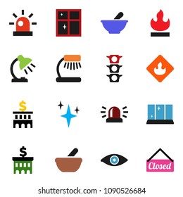 solid vector ixon set - shining vector, window, table lamp, bank building, traffic light, flammable, eye, mortar, siren, closed
