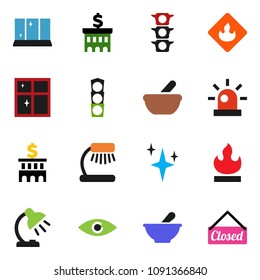 solid vector ixon set - shining vector, window, table lamp, bank building, traffic light, flammable, eye, mortar, siren, closed