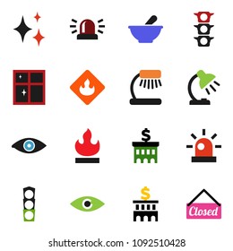 solid vector ixon set - shining vector, window, table lamp, bank building, traffic light, flammable, eye, mortar, siren, closed