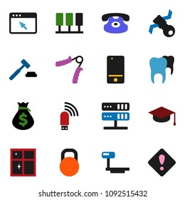 solid vector ixon set - shining window vector, graduate hat, money bag, auction, hand trainer, satellite, weight, big scales, mobile phone, classic, tooth, server, network, browser, usb modem